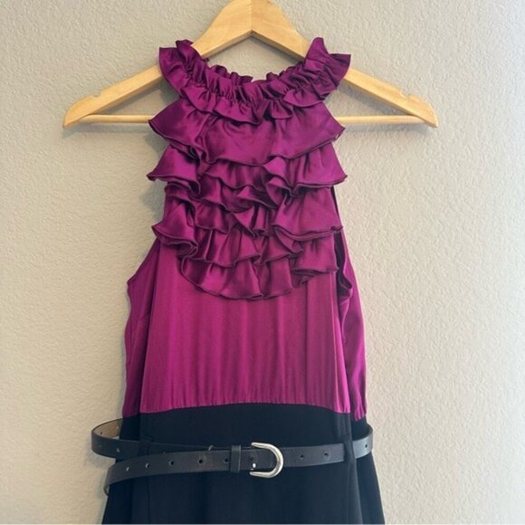 INC Magenta Stretch Silk Ruffle Black Ponte Knit Sheath Dress Party US 10 NWT - Picture 4 of 10